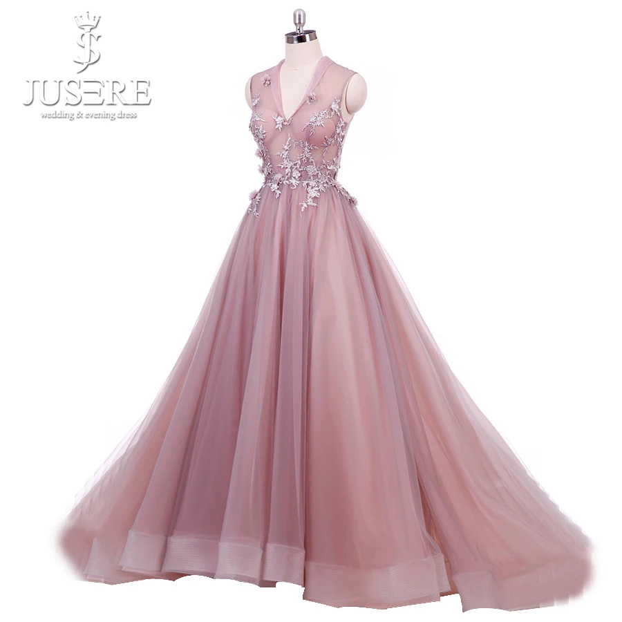 Real Photo Blush vestido longo de festa Paux V Neck Illusion Bodice with Floral Appliques A line Tulle Flowers Prom Dress