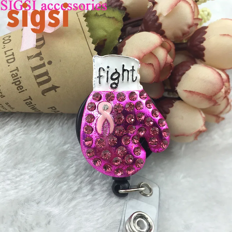 Boxing Glove Pink Ribbon Fight Against Breast Cancer Awareness Retractable ID Badge Reel holder