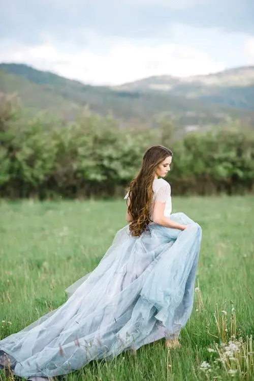 Vestido de noiva bleu clair fée plage Boho dentelle robes de mariée 2019 une ligne Tulle dos nu grande taille bohème robe de mariée