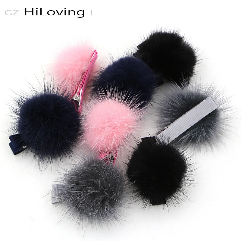 

GZHilovingL News Adorable Girls Mink Fur pompom Hairpins Child Girls Kids Fur Hair Clip Lot For Girls Lovely Hair Accessories