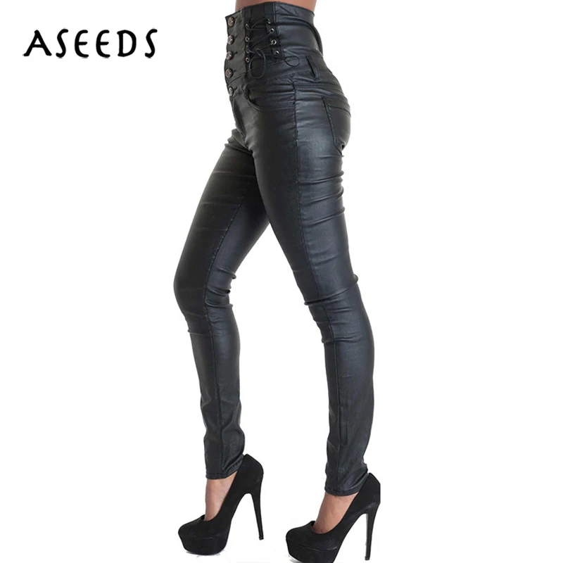 Spring winter lace up Pu Leather Pants 2022 Punk high waist black pants Street buttton Skinny Stretch leggings pencil trousers