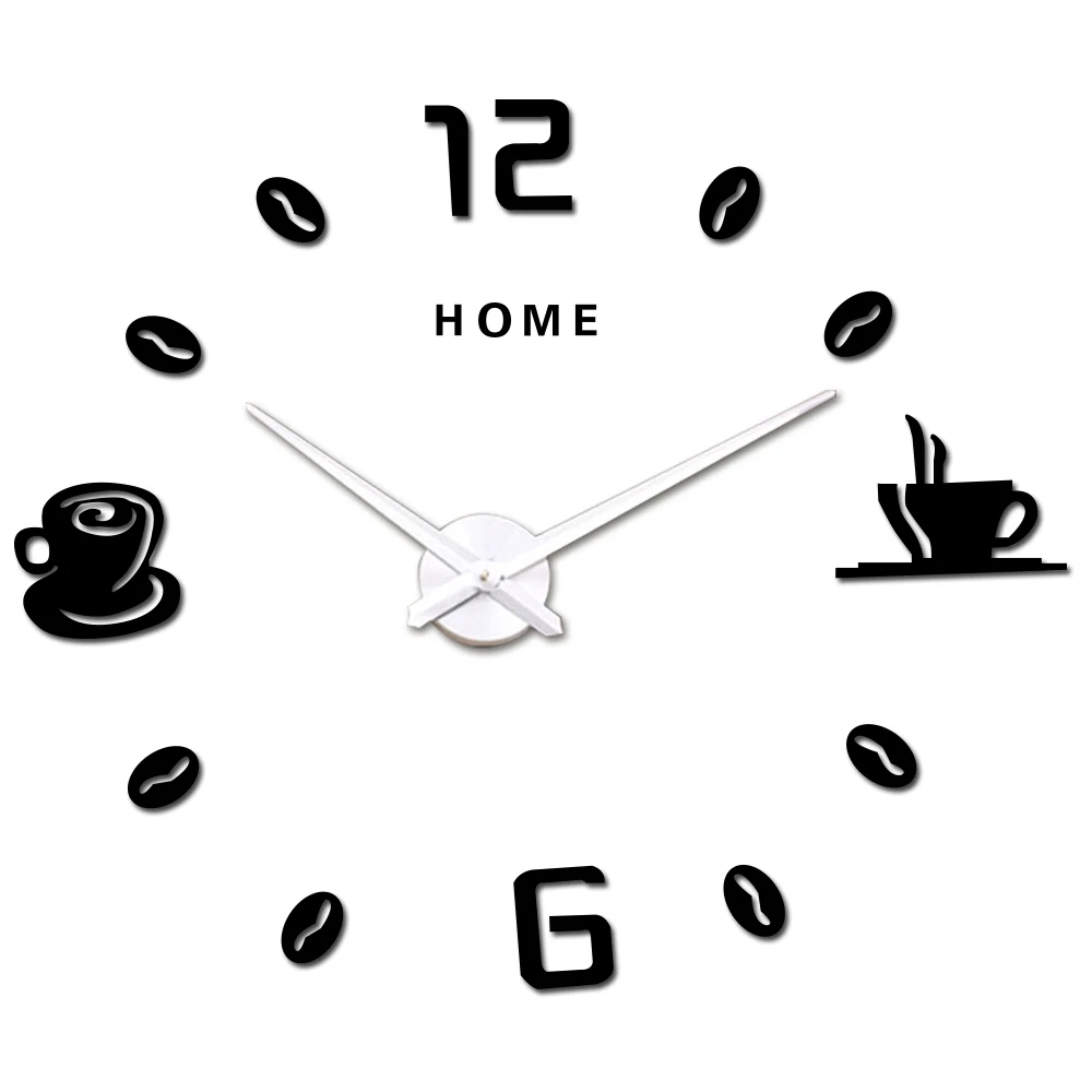 Large Wall Clock Modern Design Coffee Cup 3D DIY Big Decorative Clocks Acrylic Mirror Stickers Oversize Wall Clock Home Letter