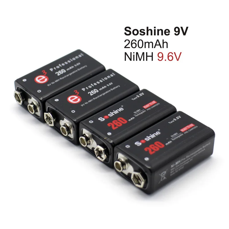 Soshine 260mah True 9.6v Rechargeable Battery 9V battery RTU NiMH Protected High Discharge Batteries Battery box