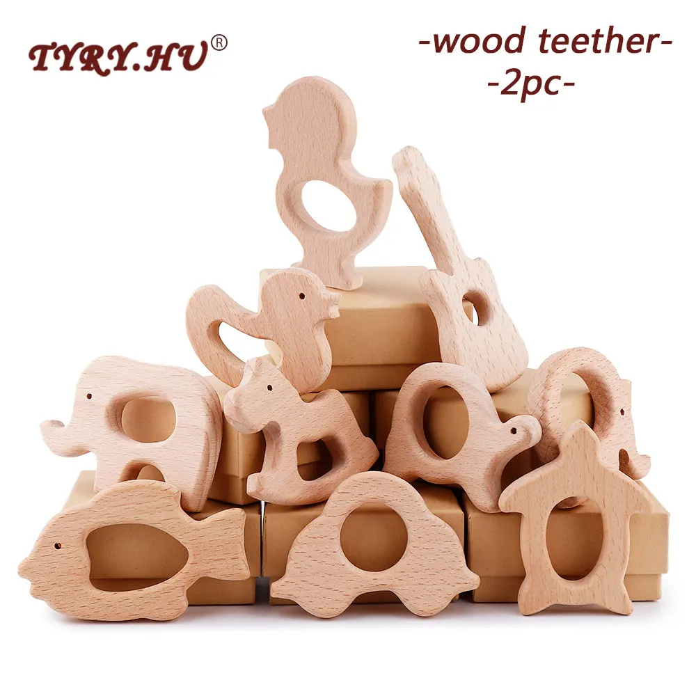 TYRY.HU 2PC/lot Baby Animal Baby Animal Wood Pendant Food Grade Materials Safe Pacifier Chain Teething Toys BPA Free