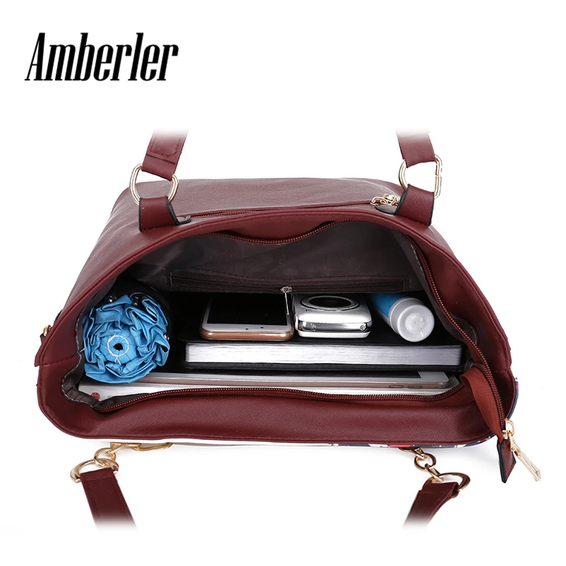 Amberler Luxury Women PU Leather Handbags Women Printed Bags Designer 6 Pieces Set Shoulder Crossbody Bags For Women Big Tote