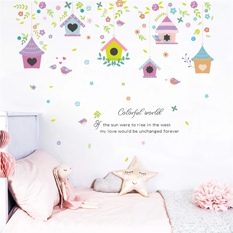 

colorful birds branch birdcage wall stickers bedroom nursery home decor accessories cartoon wall decals pvc mural art