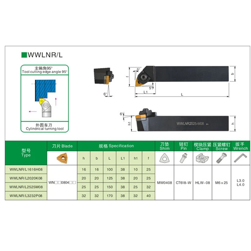 WWLNR1616H08 External Turning Toolholder Indexable External Tool Metal Cutting Tools for WNMG080404/08 Insert