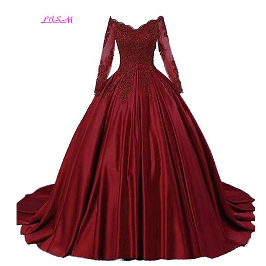 Luxury Ball ชุด Quinceanera Burgundy Off ไหล่ Appliques ประกวดชุดแขนยาว Puffy Plus ขนาดอย่างเป็นทางการพรหม Gowns