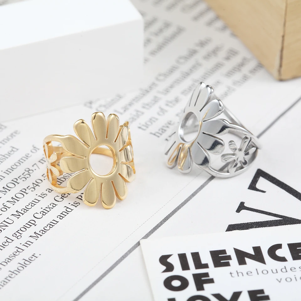 BORASI Circle Sunflower Rings New Brand 2019 Gold Color Female Size Rings Fashion Popular Jewelry Stainless Steel Flowers Rings