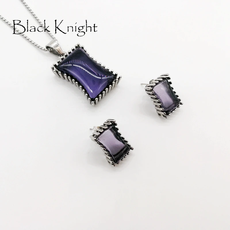 Womens Big Blue Purple Black Square Stones Necklace Earrings Jewelry Set Stainless Steel CZ Stone Jewelry