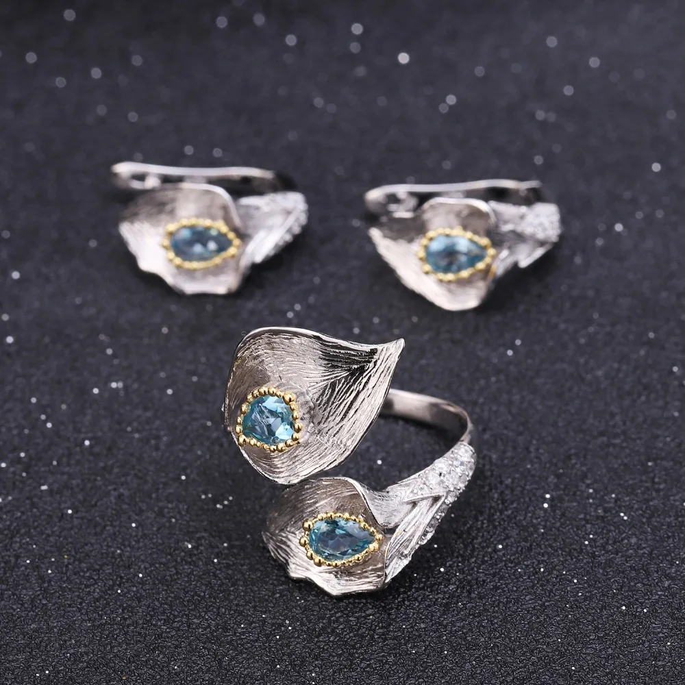 

GEM'S BALLET 925 Sterling Silver Handmade Calla lily Ring Earrings 3.02Ct Natural Swiss Blue Topaz Jewelry Sets For Women Party