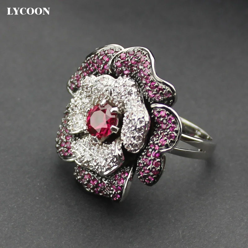 LYCOON Woman\'s luxury brand Flower Zircon Ring Hight quality silver plated purple Austrian  Cubic Zirconia rings Suit party