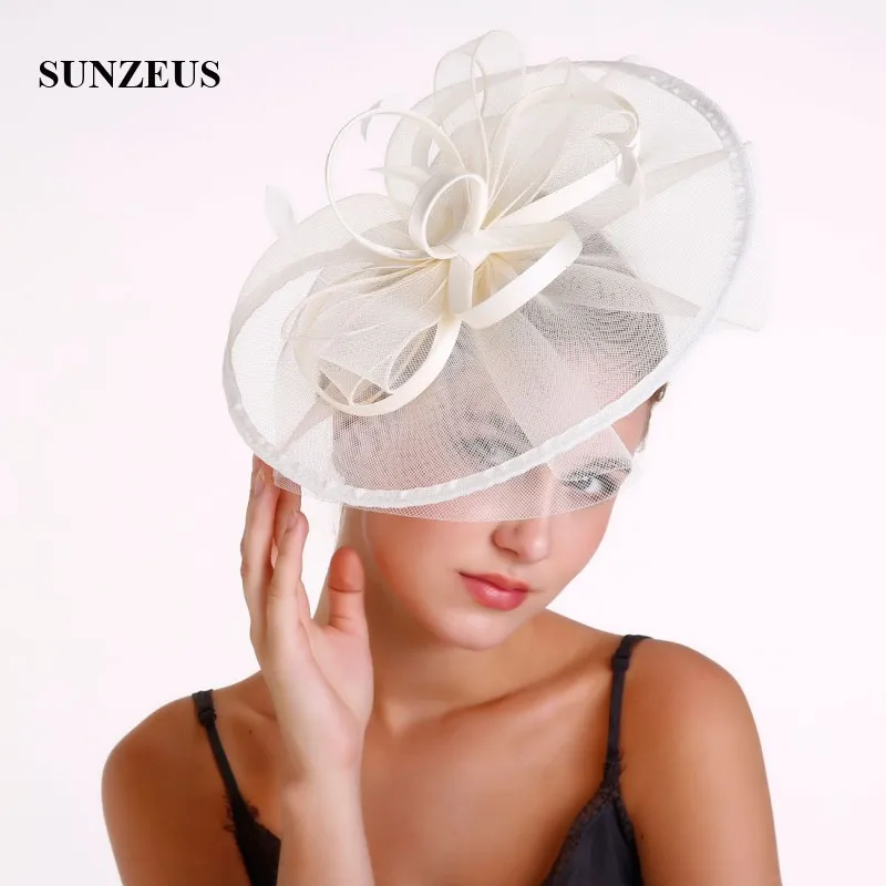 Ribbon Satin Flowers Big Hats for Bridal Feathers Fascinators Wedding Party Hat Hair Accessories Tulle cappelli da cerimoni SH48