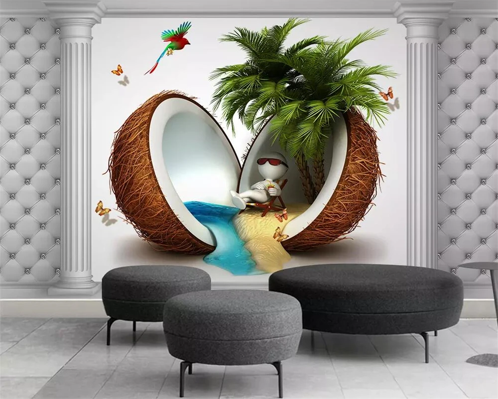 

Custom wallpaper creative 3D coconut tree seaside TV sofa soft pack background wall living room bedroom 3d wallpaper