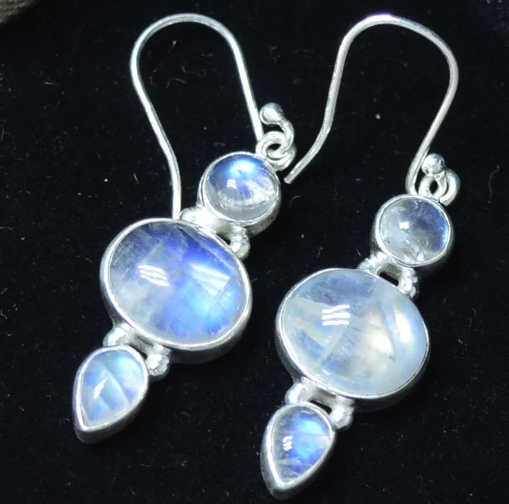 Lovegem Genuine Rainbow Moonstone EARRINGS 925 Sterling Silver, 48 mm, AE2278