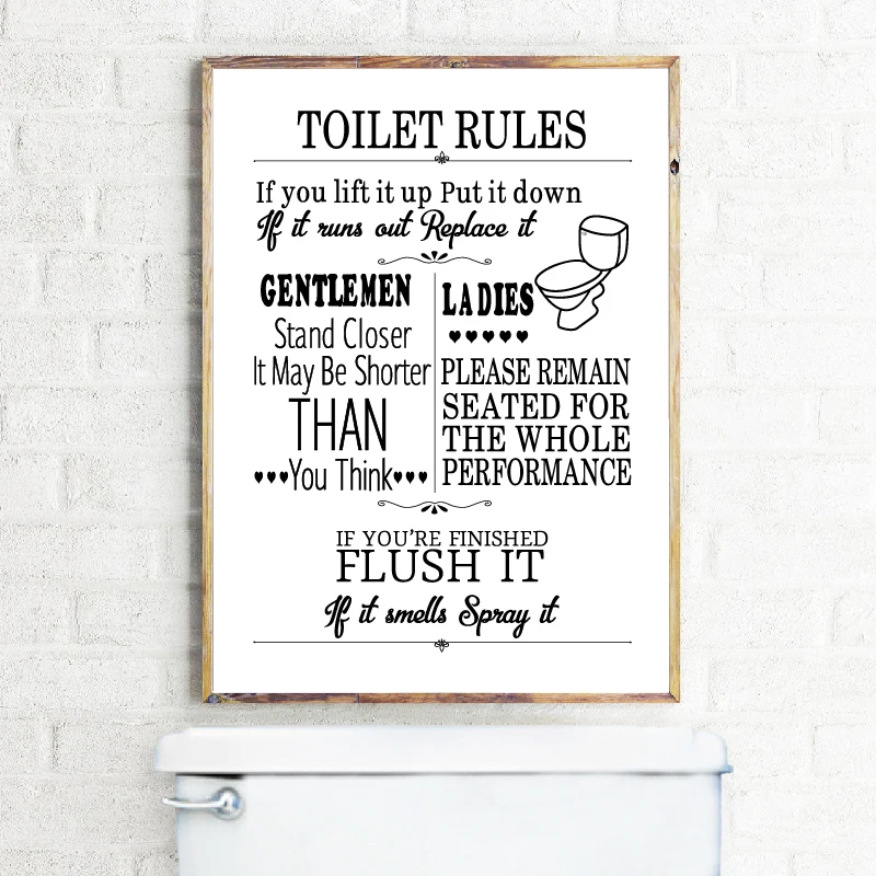 Reglas del inodoro arte de la pared pintura en lienzo moderno divertido reglas del baño cartel impresiones inodoro imagen de humor decoración del hogar