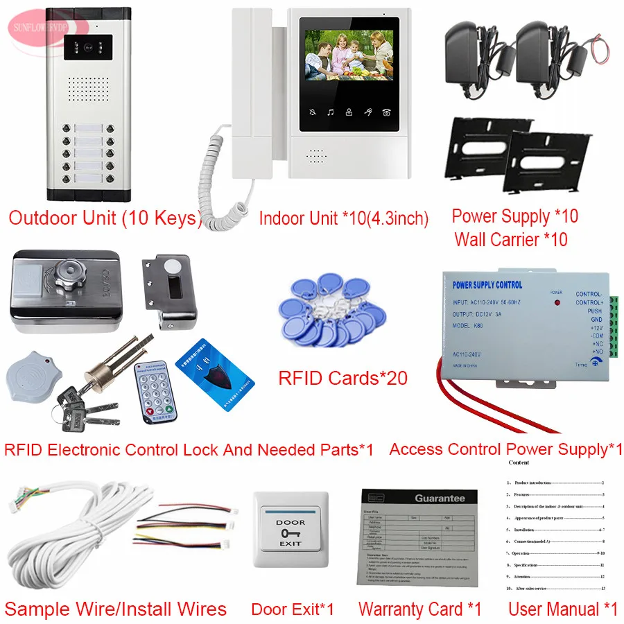 10 Units 4.3'' Intercom Video Intercoms Rfid Unlock Electronic Lock Doorbell Security Camera Intercom System Video Intercom Kit