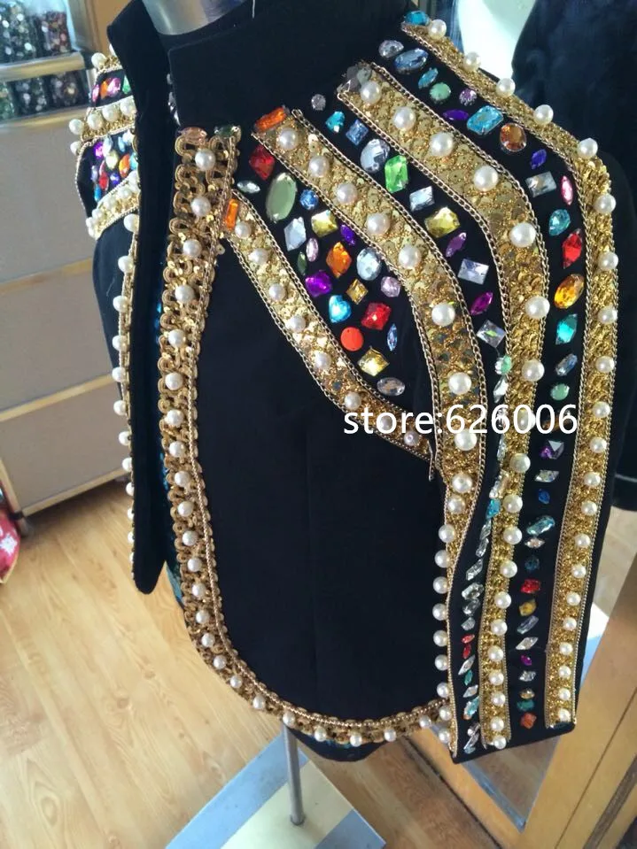 High Quality Men\'s Handmade Beads Diamond Royal Jacket Costumes Party Stage Show Outfits Club bar Singer DJ Performance Coat