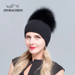 JINBAOSEN  Fur Hat Winter Warm Ear Protective Leather Hat Fox Hair Ball Raccoon Hair Hat Cover Women's Ski Cap