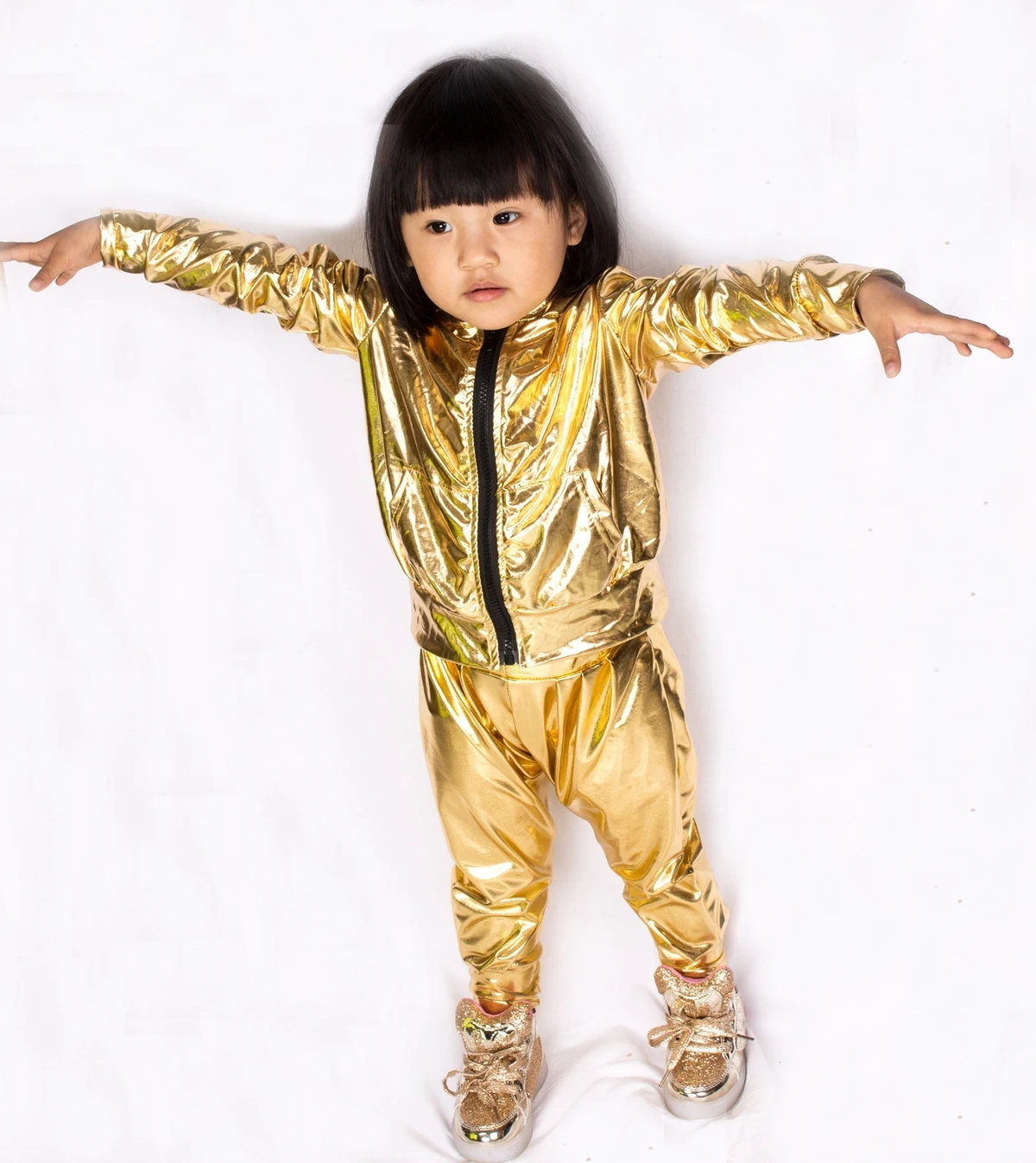 Blouson aviateur doré pour enfants, vêtements de performance sur scène, manteau de danse Hip Hop progressif, veste à paillettes pour femme,