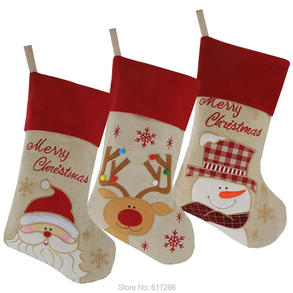 30pcs/lot Christmas Stocking with Santa Snowman Reindeer Pattern