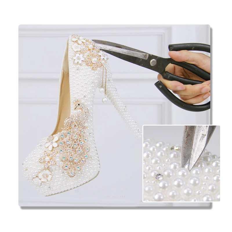 Crystal wedding shoes pearl handmade bridal shoes women\'s Pumps peacock rhinestone female high heels platform shoes big size