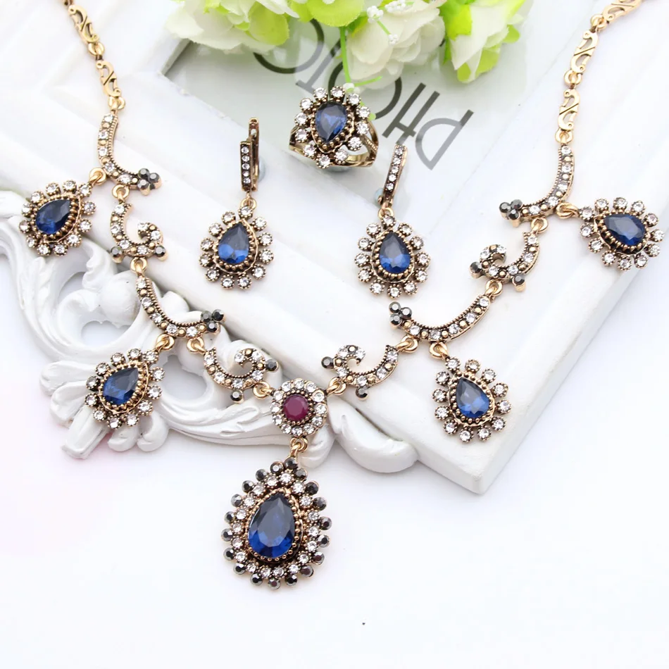 Sunspicems Bohemia Wedding Jewelry Sets for Women 4PCS Antique Gold Color Earring Bracelet Ring Necklace Full Crystal Bride Gift