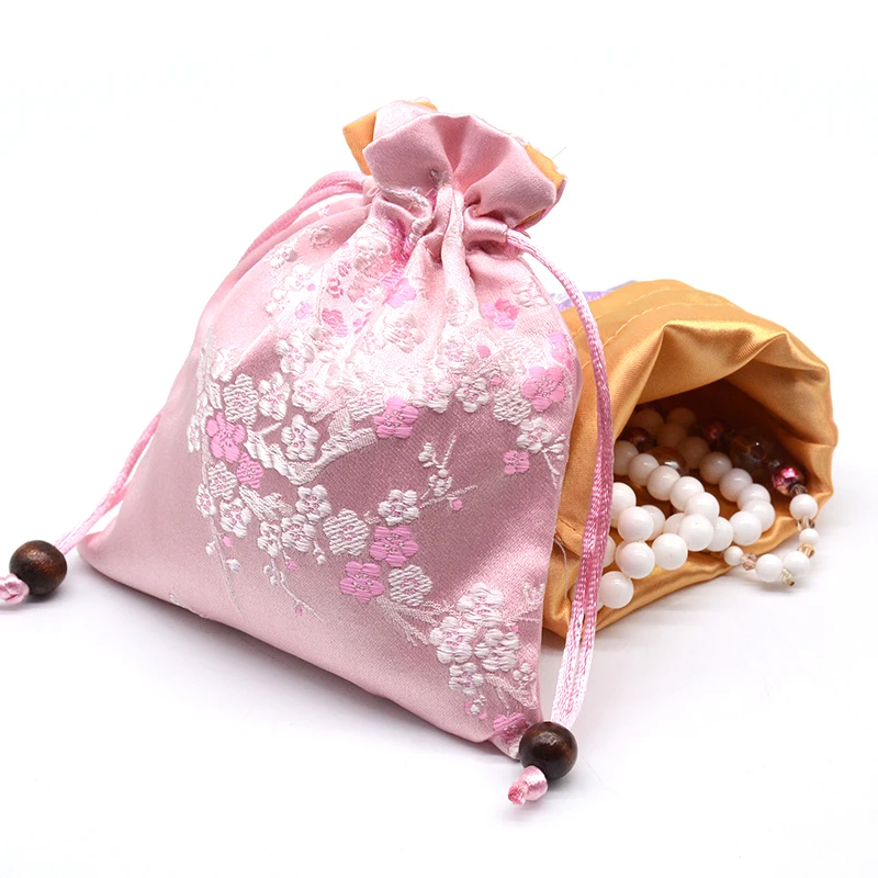 Thick Cherry blossoms Small Gift Bag Drawstring Silk Brocade Packaging Pouch Jewelry perfume Makeup Storage Pocket with lined