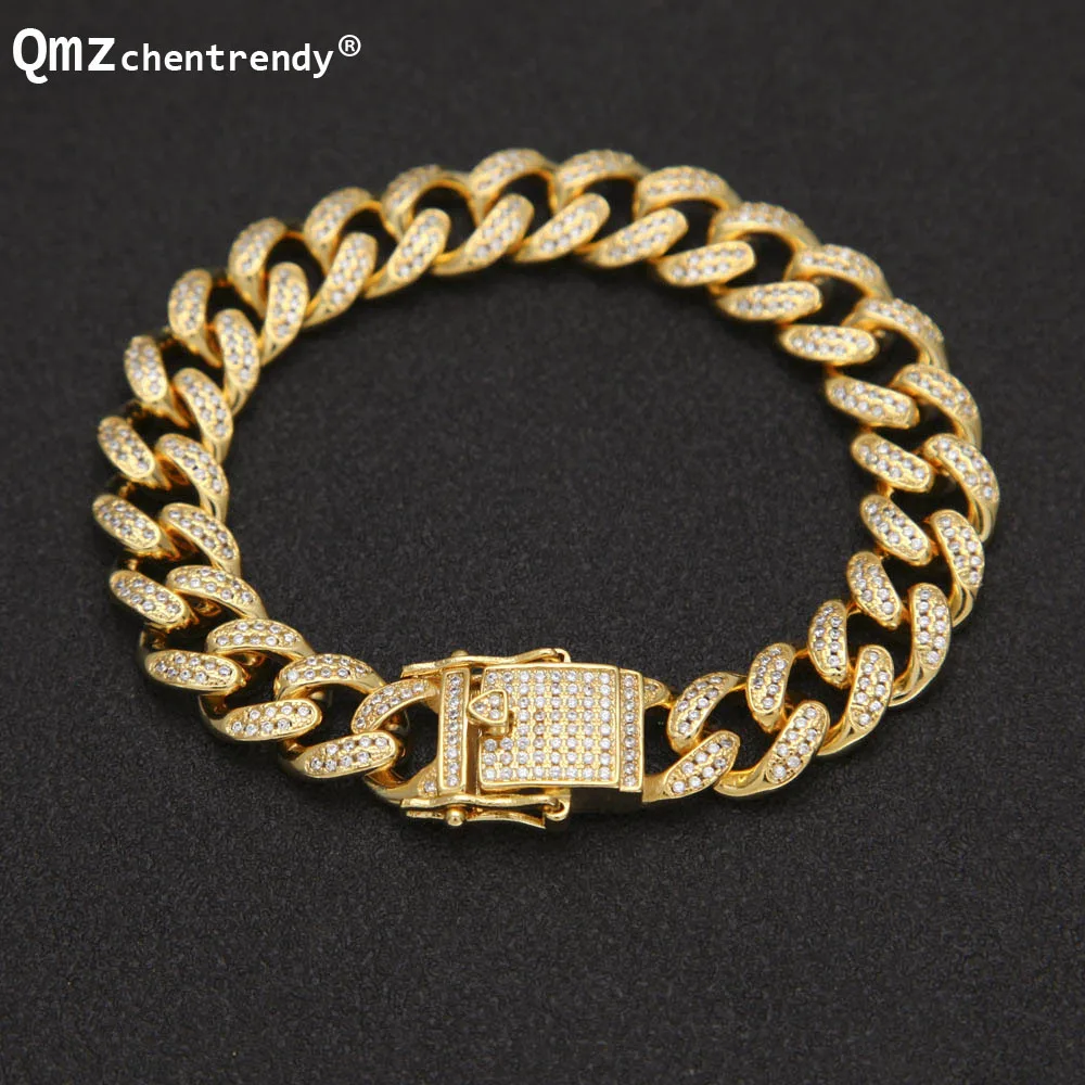 

Drop Shipping Top Quality Full Bling Iced Out Mens Miami Curb Cuban Link Bracelets Copper Lab CZ Stone Clasp Chain Bangles