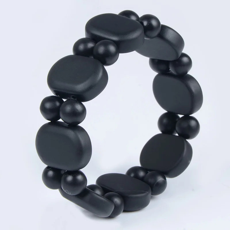 Real Round Flat Black Bianshi Natural Bian Stone Charm Bracelet Jewelry Gift For Men