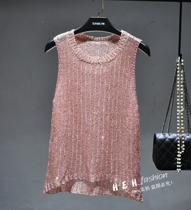 0 Summer Sexy O neck shiny gold tank tops women silver sequined knitted tank tops women loose bling bling sequines vest tops