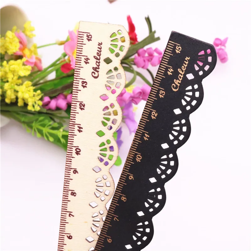 1 Pcs 15cm lace ruler wave small fresh cute sweet lace wooden ruler retro lace carving log ruler student stationery