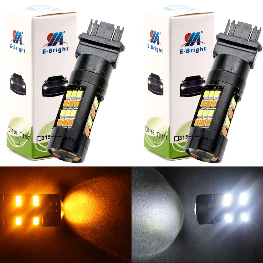 2PCS 3157 2835 42 SMD T25 P27/5W 12V LED Car Lights Auto Bulbs Switchback Dual White DRL + Amber Turn Signal Lamps 7743 1157