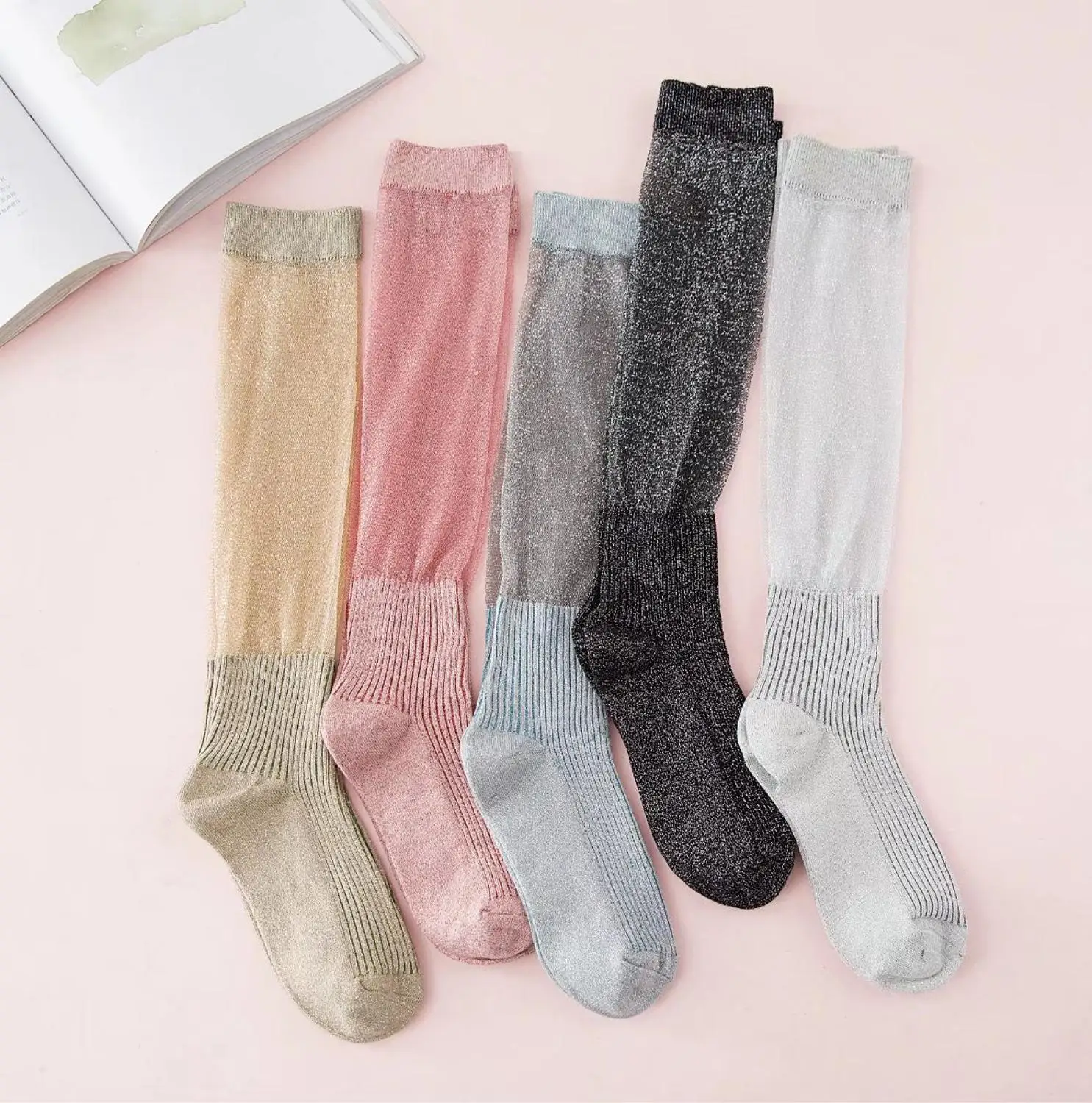 Women Cotton Breathabe High Socks Long Sliver Gold Fashion Spring Autumn Heap Crew Silk Mesh Japanese Korean Casual Sockken