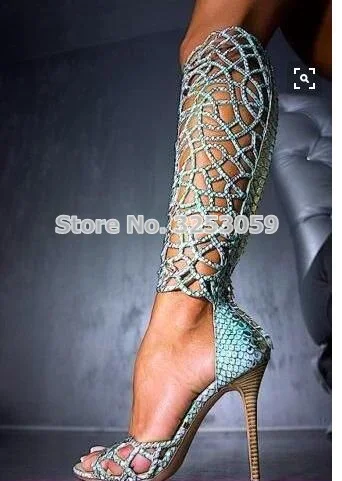 ALMUDENA Turquoise Snakeskin Bling Bling Crystal Sandal Boots Knee High Thin High Heels Gladiator Sandals Shining Cage Boots