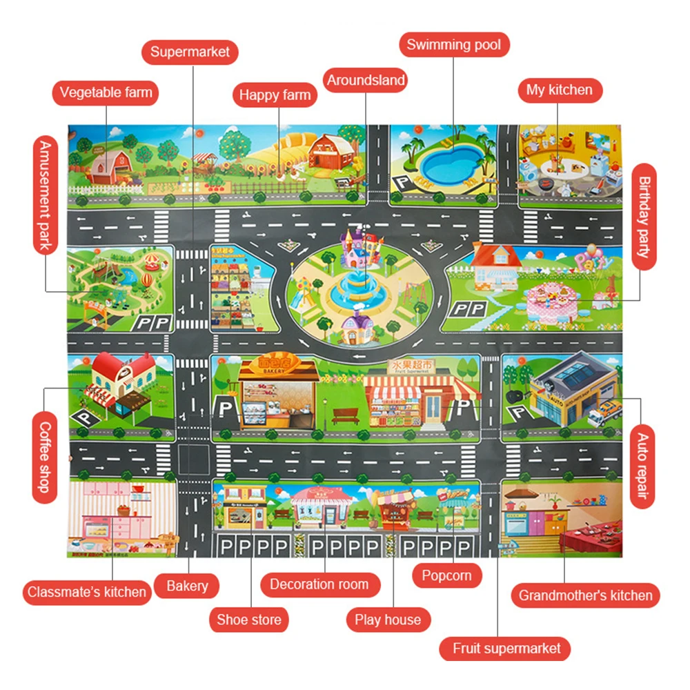 City Traffic Play Mat 130*100 Waterproof City Road Map/Traffic signs /Alloy Car Model For Children Educational Toys