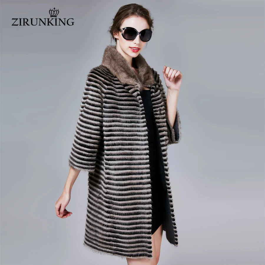 ZIRUNKING Classic Real Mink Fur Coat Female Long Natural Knitted Stripe Parka Autumn Warm Slim Shuba Fashion Clothing ZC1706