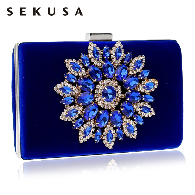 SEKUSA Flower Rhinestones Women Handbags Red Black Purple Gold Chain Shoulder Bags Metal Day Clutches Purse Wedding Wallets