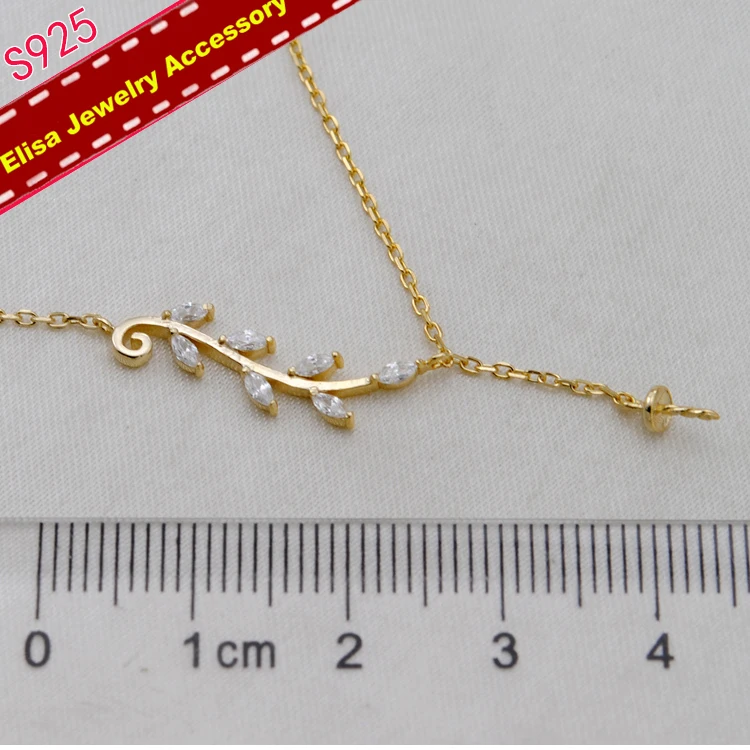 Leaf Design Pearl Pendant Necklace Fittings S925 Sterling Silver Pendant Chain Accessory Silver&Gold Color 3Pieces/Lot