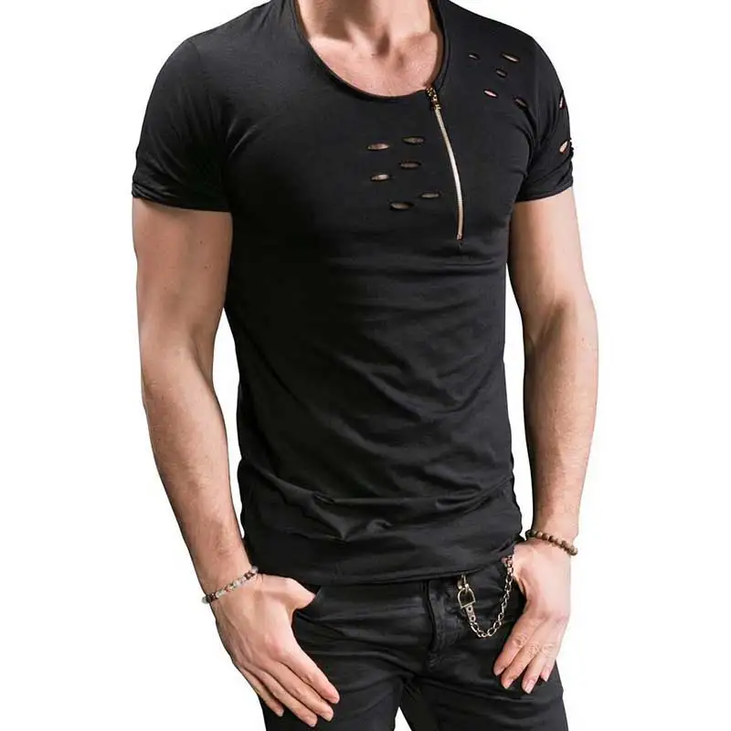 Hole ripped t shirts men short sleeve t-shirt fitness summer clothes men\'s funny solid tshirt streetwear slim tops tees