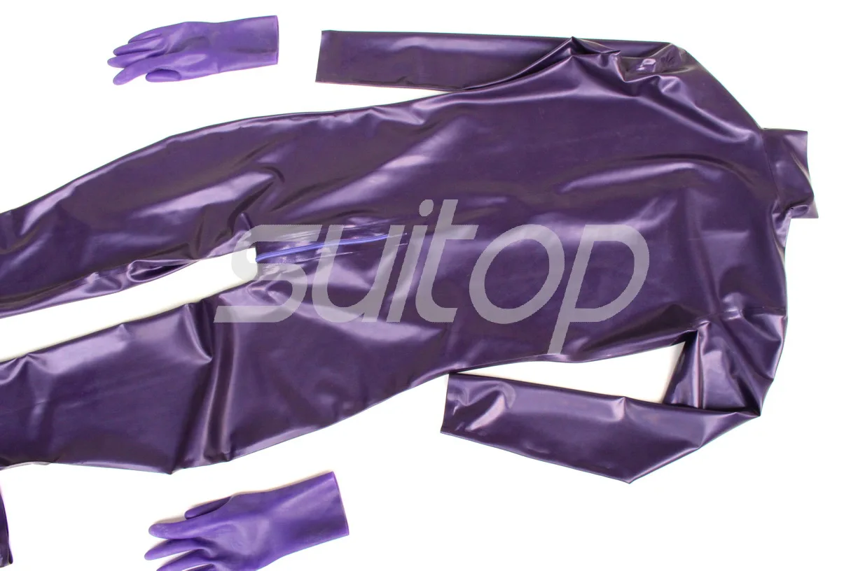 latex full cover zentai with zip back  including  socks hoods glove detached in Metallic purple hair hole