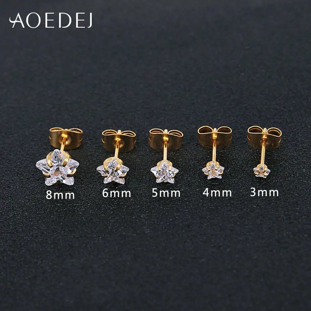 AOEDEJ 3-8mm Gold Color Star Earrings Stud Stainless Steel Stud Crystal Earrings Pink For Women Girls Heart Earrings Colored