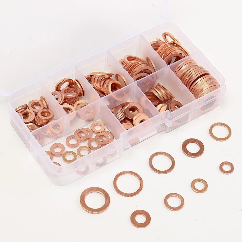 200pcs/Set M5-M14 Solid Copper Washers Flat Ring Sump Plug Oil Seal Assorted Set Professional Hardware Accessories Kit with Case