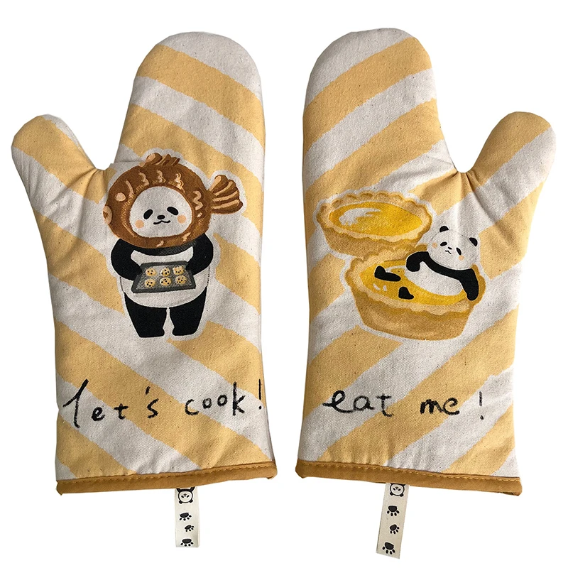 

2pcs Yellow White Stripe Cotton Oven Gloves Heatproof Mitten Cartoon Panda Glove For Microwave Oven Kitchen Cooking Mitt Tools