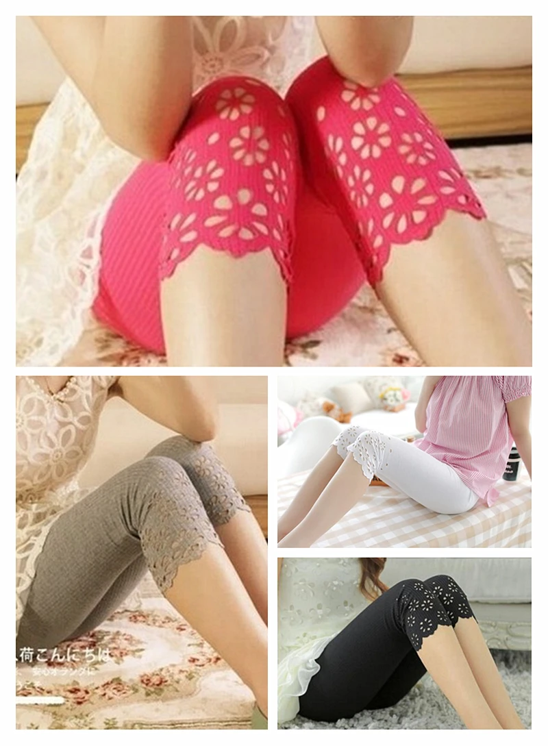 Knitted Short Leggings Women Summer Cropped Pants Female Jegging Safe Pants Mid-calf Capris Push Up Hollow Out Flower