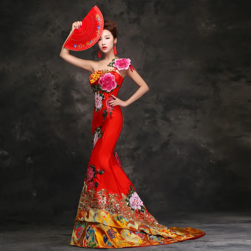 

Traditional Red Bride Chinese Style Embroidery Mermaid Tailing Wedding Cheongsam Long Evening Dress Qipao Dresses Robe Chinoise