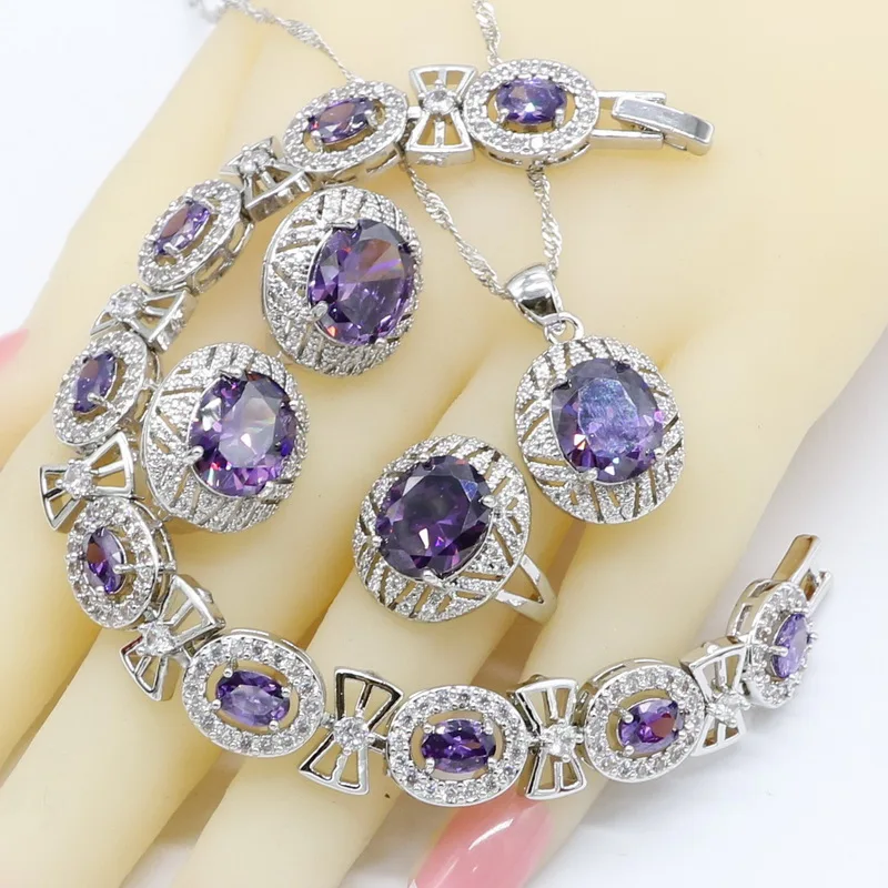 

Geometric Purple Zirconia Dubai Jewelry Sets for Women Bridal Bracelet Hoop Earrings Rings Necklace Pendant Gift Box