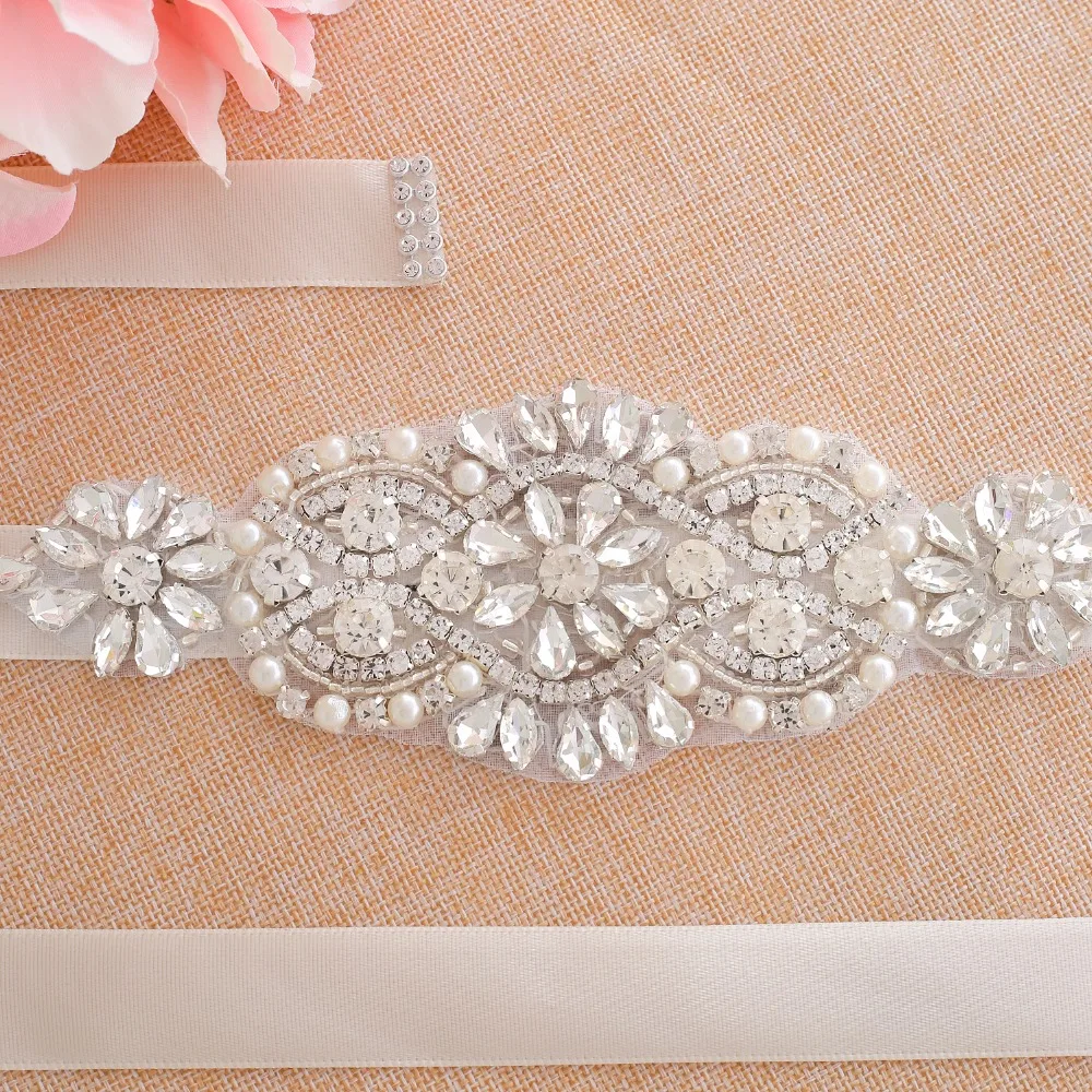 SESTHFAR Silver Crystal Wedding Belt With Pearls Luxurious Rhinestones Ribbons Bridal Belt Sash For Wedding Party Gown