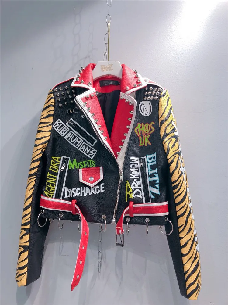 2024 Spring New fashion brand Thailand style rivet beading graffiti embroidery cartton locomotive Pu leather short jacket wq845