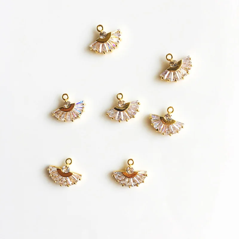 wholesale 2 pcs/lot cubic zirconia fan charms connector champagne gold color plated golden accessories jewelry making DIY